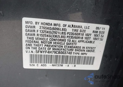 2012 Honda Pilot Ex-L from USA, damaged, VIN 5FNYF4H79CB003740